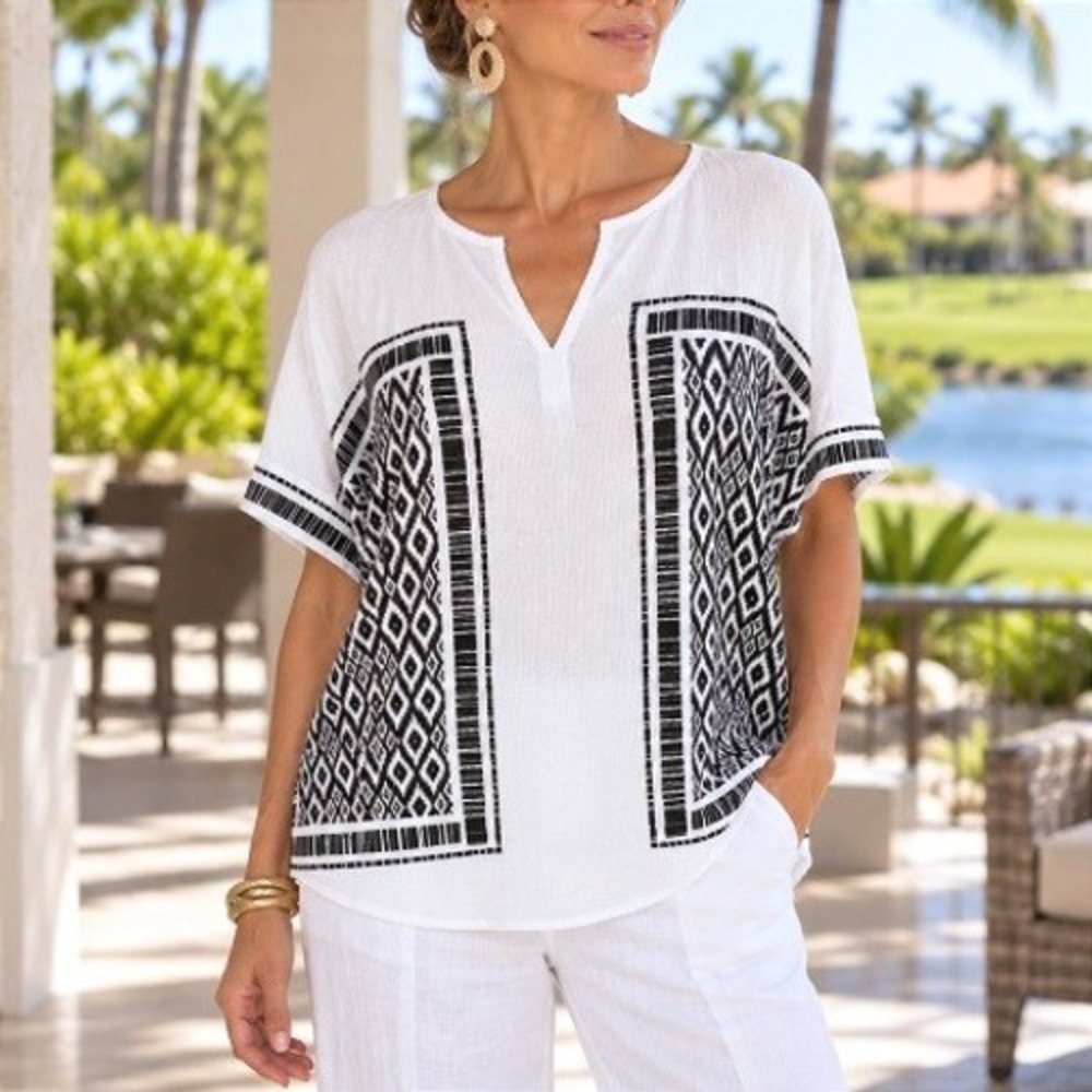 Chico's Black White Ikat Textured Split V-Neck Resort Cruise Vacation Tunic XL
